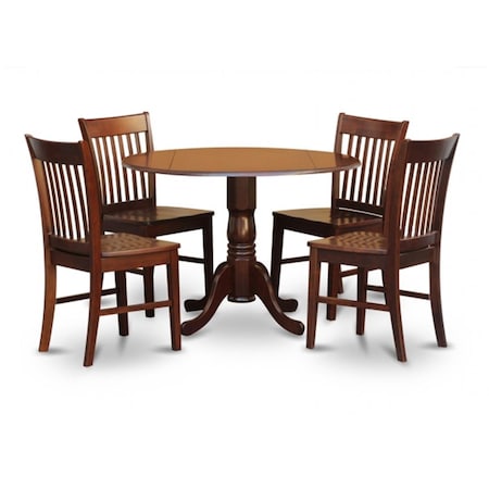 East West Furniture 5PC Kitchen Round Table with 2 Drop Leaves and 4 Slatted-back Chairs with Wood Seat DLNO5-MAH-W